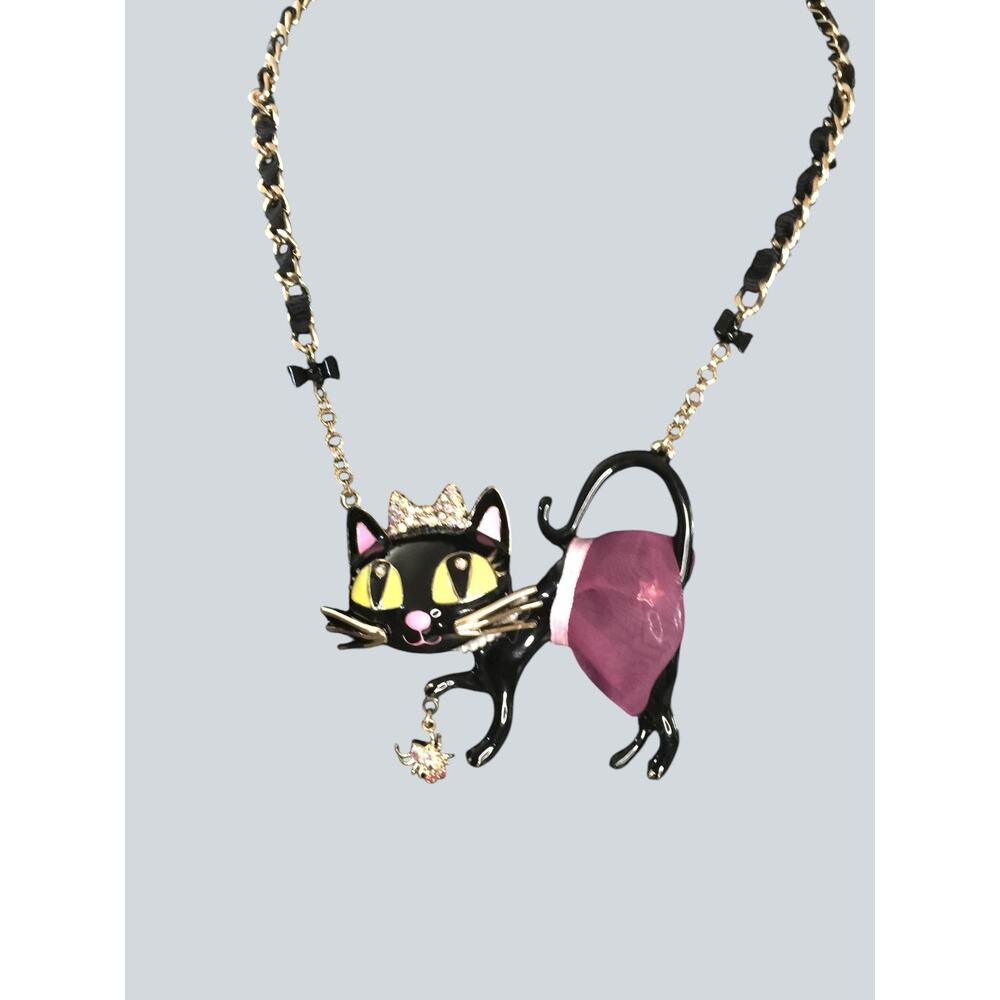 Betsey Johnson Black Cat Tutu Necklace Spider Pendant Halloween Gothic NWT